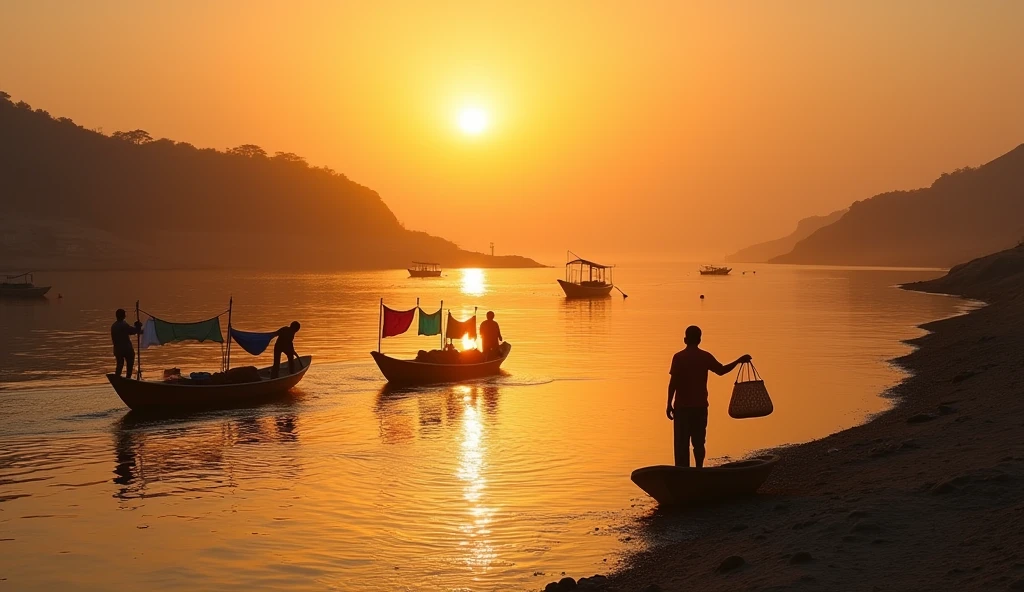 A serene, picturesque scene along the banks of the Indus River near Mohenjo-Daro, with people washing clothes, fetching water, and fishing. The sun is setting, casting a warm, golden light over the landscape, as boats gently glide across the calm water, symbolizing the deep connection between the river and the civilization."