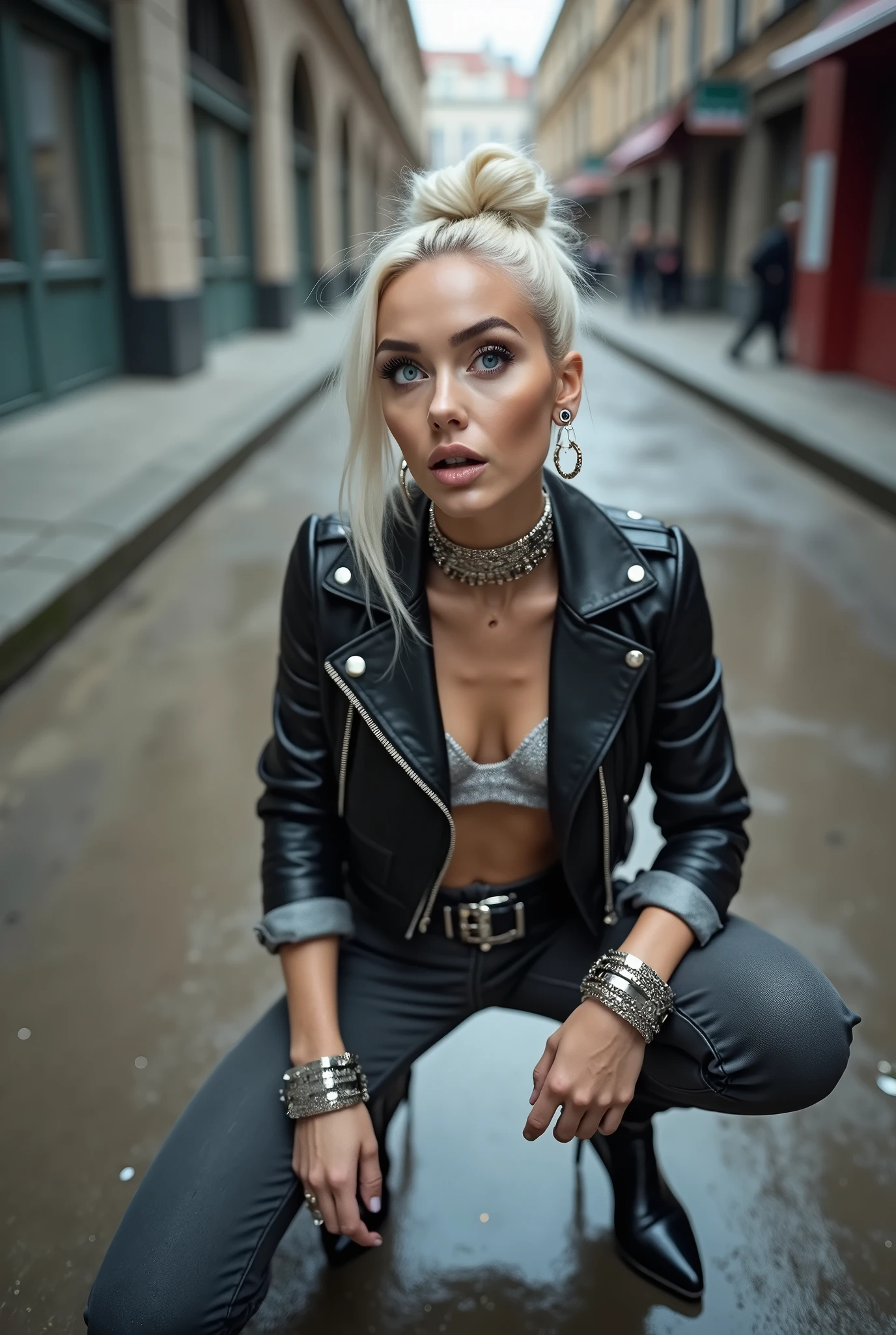 russian milf woman, platinum blonde hair (huge top bun), with very light blue eyes, extremely pale. Wearing cropped black moto jacket, silver bra, dark grey skinny jeans and silver pointy Chelsea boots with cuban heels . Lots of metallic wide bracelets and collars. Tacky leather belt with oversized buckle. Wide loop earrings. Kneeling looking up, eyes and mouth wide open in amazement. Hands on her knees. Chin up, Listening in amazement to somebody speaking to her, toned six pack abs, thin legs and thin arms