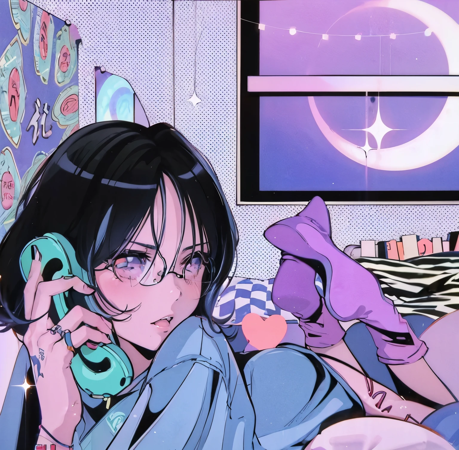 anime girl with glasses talking on a phone in a bedroom, anime vibes, lofi girl aesthetic, lofi girl, 8 0 s anime vibe, 9 0 s anime aesthetic, anime aesthetic, lofi artstyle, lofi aesthetic, lofi art, lofi vibes, lo-fi illustration style, retro-wave vibes, lo-fi art