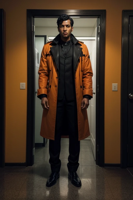 a brown-skinned man with black hair, wearing orange prison clothes and a black overcoat, with two handcuffs on his feet and hands