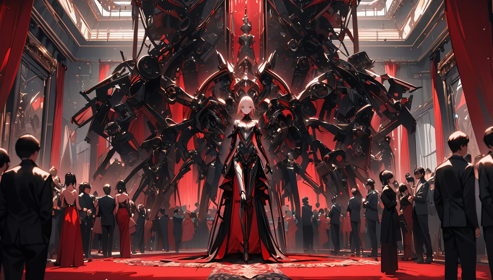 solo female clockwork automaton of exceptional quality, made of steel and copper, the centerpiece of an exhibit, surrounded by an admiring crowd, elegant and slender, beautiful and delicate construction, mansion indoors, red velvet rugs and curtains, high society, mechanical body, close up