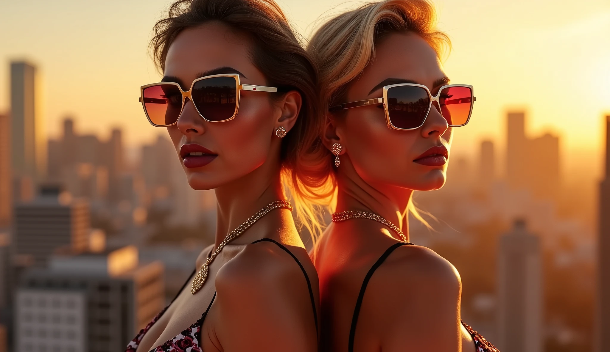 Subject: Two glamorous women in sunglasses,
Creative descriptions: alluring charm, sultry expressions, statement eyewear,
Environment: chic rooftop setting with city skyline,
Mood/atmosphere: sophisticated, stylish, urban chic,
Artistic medium/techniques: hyper-realistic digital art emphasizing sunglasses,
Artists/illustrators: Dirk Dzimirsky, Realistic Portraiture, Detailed sunglasses, lifelike features,
Camera settings: Utilize high-resolution camera settings to capture realistic details of the sunglasses and facial expressions.