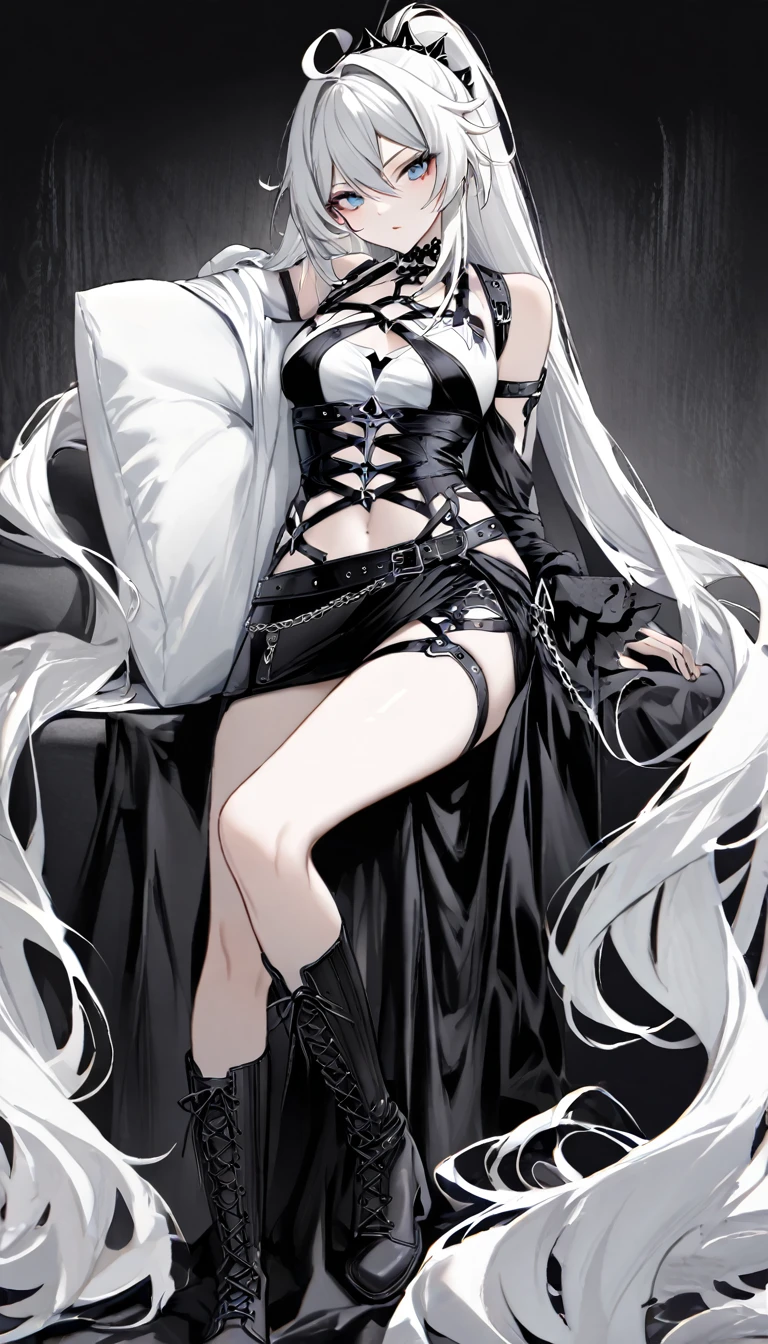 masterpiece, best quality, ((pure white background)), kiana kaslana \(honkai impact 3rd\), herrscher of finality, white hair, ahoge, ponytail, very long hair, blue eyes, (gothic harness:1.6), (asymmetrical skirt:1.5), (white shirt:1.4), (black leather straps:1.5), (metal buckles:1.4), (chain details:1.4), (lace-up boots:1.6), (oversized cuffs:1.3), (minimalist design:1.4), (dark fashion:1.5), (high-contrast colors:1.3), (flowing fabric:1.3), (black and white palette:1.4), (elegant and edgy:1.4), sit on a sofa