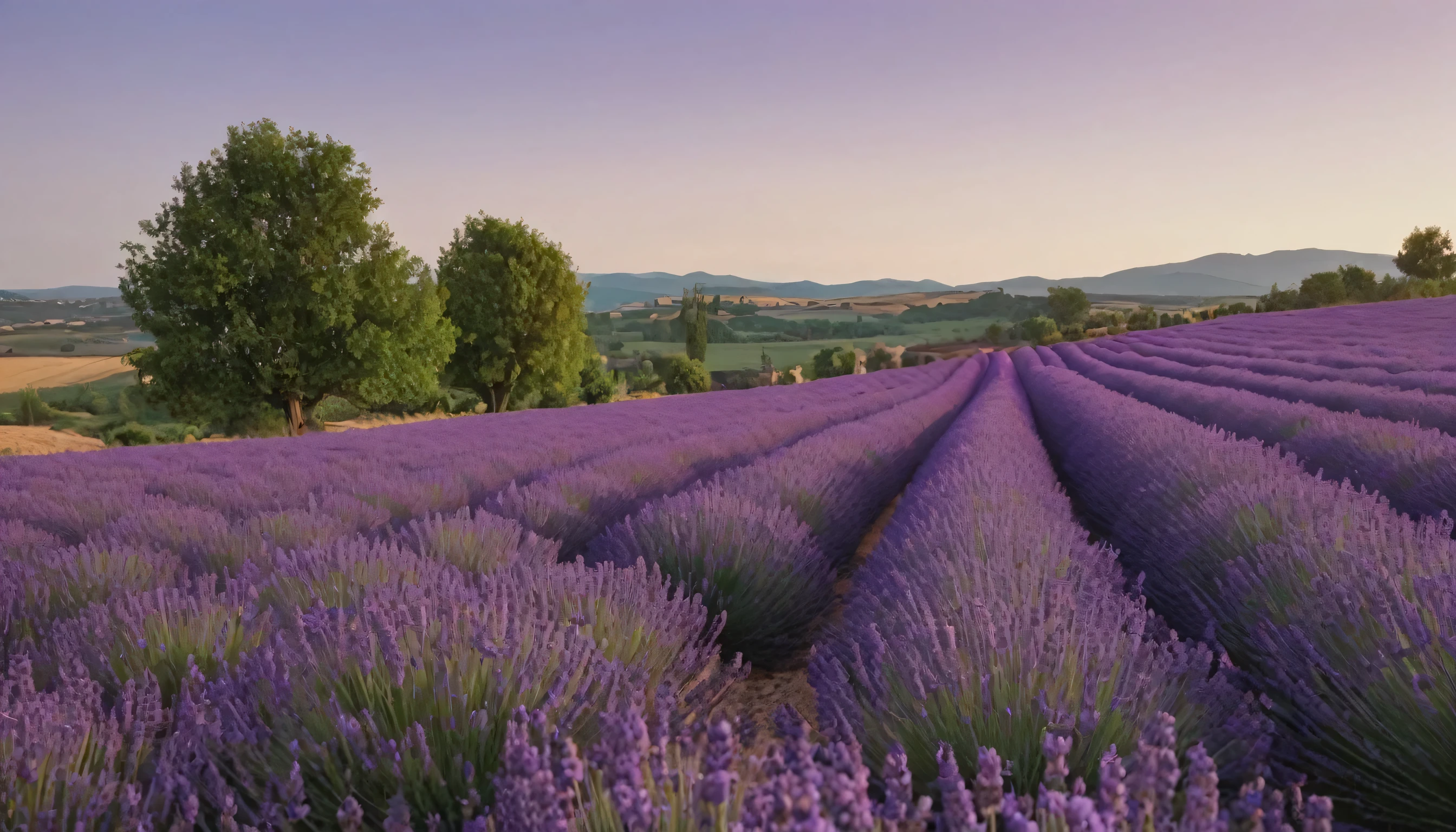 a lavender field with lush blooming bushes, a farm in the background, 8k, (best quality,4k,8k,highres,masterpiece:1.2),ultra-detailed,(realistic,photorealistic,photo-realistic:1.37),landscape,pastoral, rolling hills, golden hour lighting, vibrant purple tones, soft focus, cinematic composition