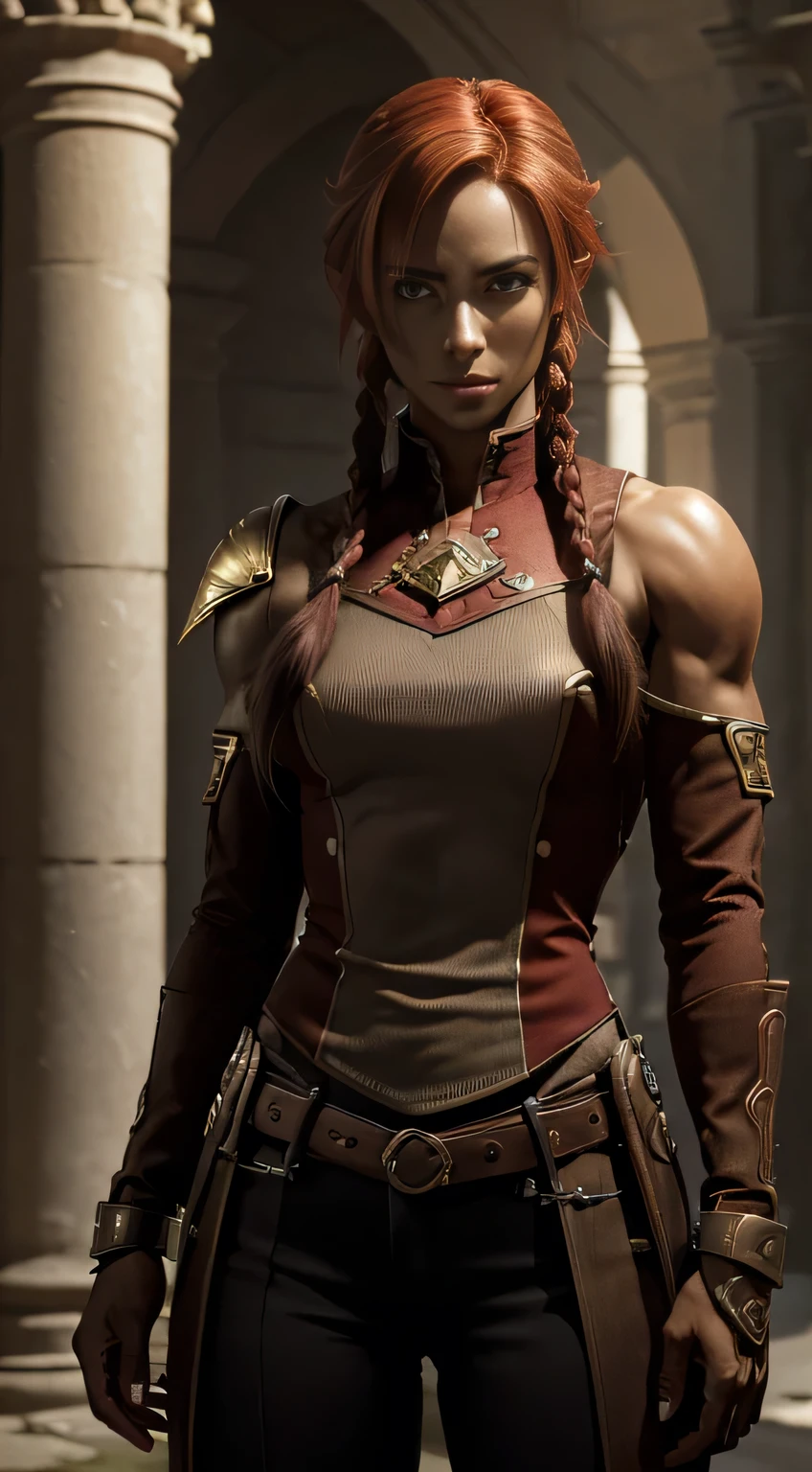 1 girl, game cg, ((red tunic, gold trim)), gray trousers, detached sleeves, fingerless gloves, small breasts, ((red hair)), ((bob hairstyle, shoulder length hair, twin_low_braids)), pointed ears, yellow eyes, smile, outside, night time, castle, historic setting , warm lighting, very tall, (((dark skin, brown skin))), (muscular), ((broad shoulders, narrow hips)), bare shoulders, shy, hair over left eye , caity lotz , good lighting 