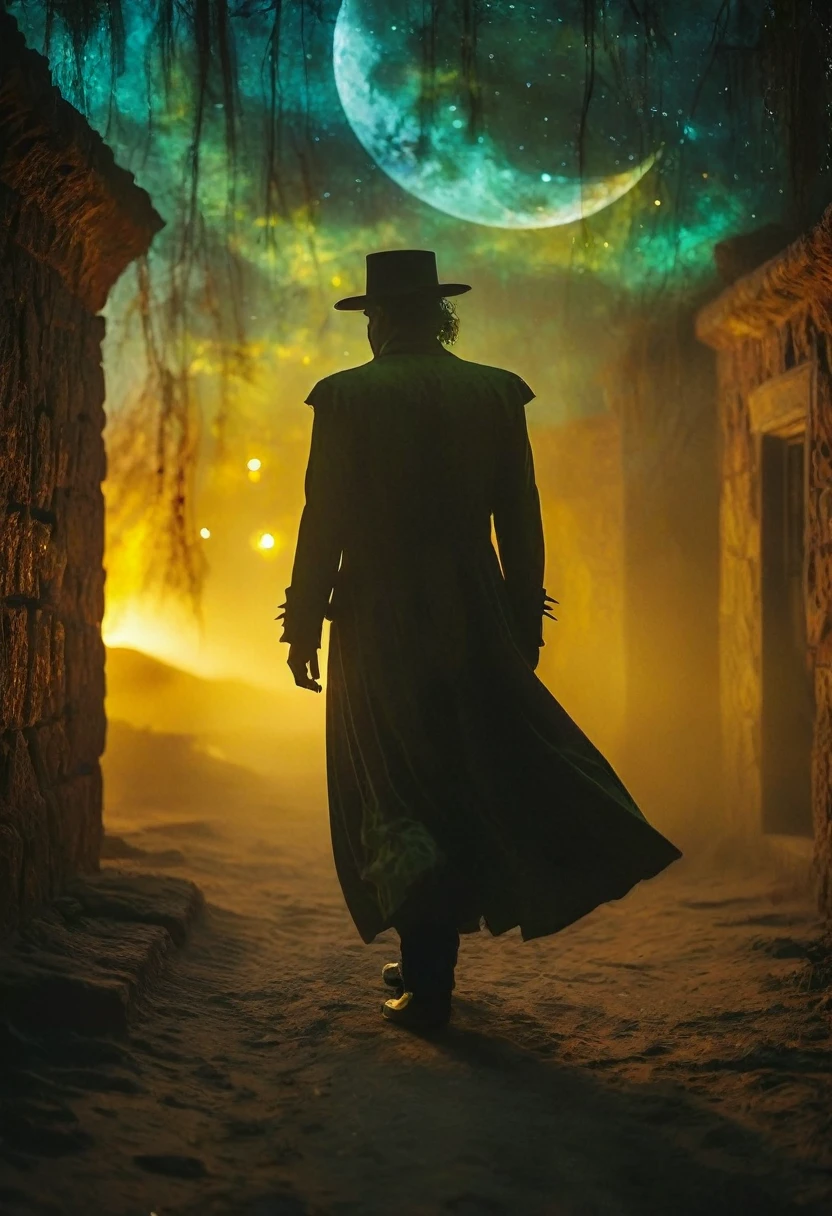 Creepy atmosphere. (Joker.1Crescent moon with a bright and colorful sky in the background) done in a dreamy and ethereal style. ominous shadows, darkness, dancing shadows, superstitions, cautionary tales. Ghost Month, 8k uhd, by Alessio Albi, Brandon Wolfel, Joshua Reynolds, John Everett Millais, dust particles, depth of field, close-up,
hyper-detailed Venetian glass, ultra-focus beams of light, occult tones of a grotto shot on anamorphic lenses, eerie atmosphere, ominous shadows, darkness, dancing shadows, superstitions, cautionary tales, haunted, restless spirits, ghostly light, desert landscape, chilling wind, thin veil between alive and dead,
gloomy setting, deserted streets, unnatural shadows, dilapidated houses, horror stories, mystery, premonition, caution, misfortune, vengeful spirits, darkness, superstition, legends, demons, evil creatures, heightened vigilance, danger, distant howls, abnormality, treacherous path, scary consequences, supernatural, awakening wrath,
otherworldly inhabitants haunt the night.  artistic photography.