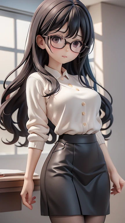 30-year-old woman、female teacher、Glasses、Black Hair,、Perm、Long Hair、Casual wear、Formal look、sweater、Dress shirt、Clothing patterns、Clothing Design、Tight skirt、whole body、