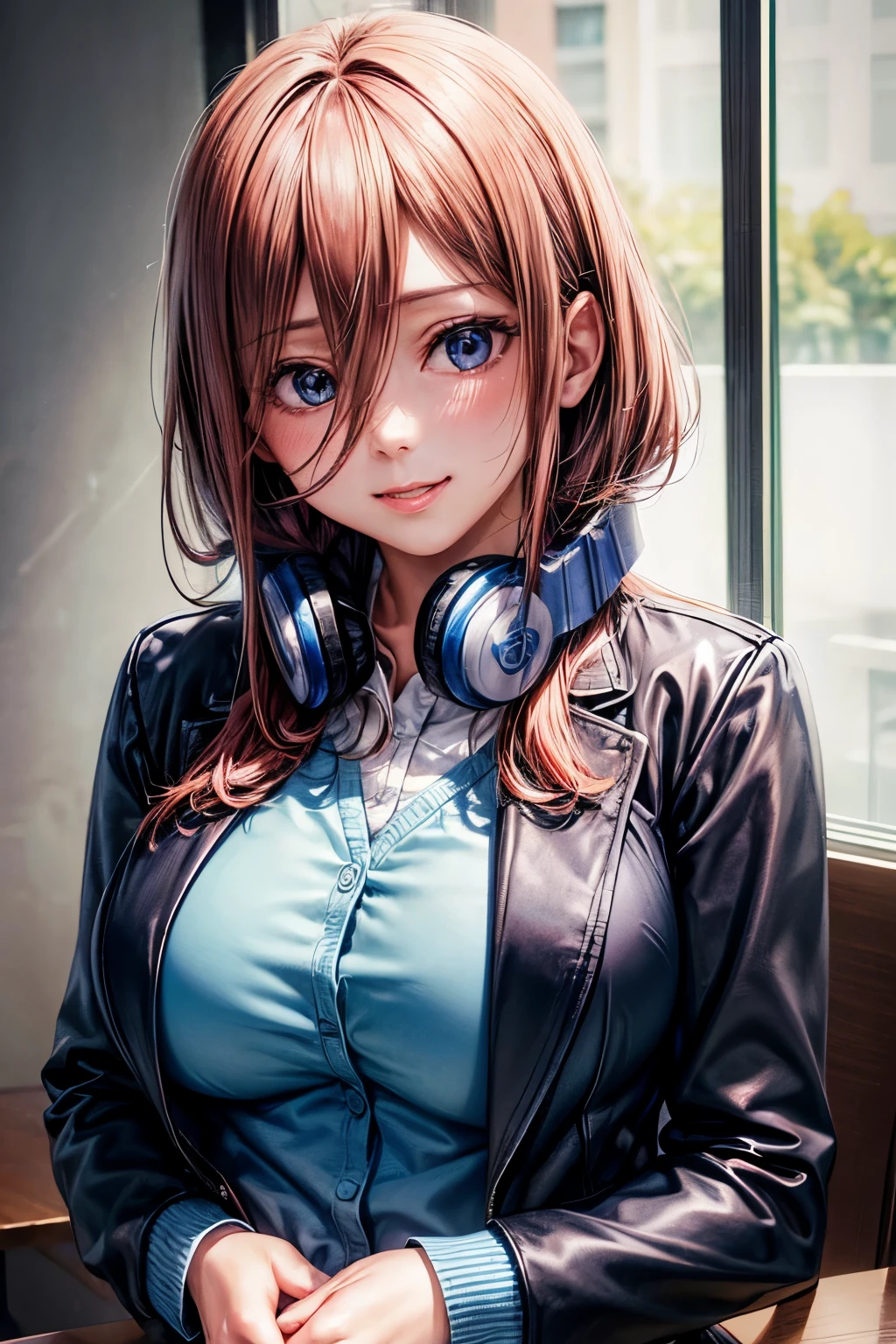 (masterpiece, Highest quality:1.3), (Super detailed:1.4),(Super detailed顔:1.2),(Super detailed目:1.2), (hyperRealistic:1.3), (RAW Photos:1.2), High-definition RAW color photos, Professional photos, (PhotoRealistic:1.4), (Realistic:1.4),8k,Professional Lighting, Perfect Anatomy, BREAK,(Big Breasts:1.6),(blush:1.2),(Bright smile:1.2),detail, Sharp focus, dramatic,dutch angle, nm1, headphones around neck, school uniform, long sleeves, blue cardigan, green skirt, pantyhose, black jacket, open jacket