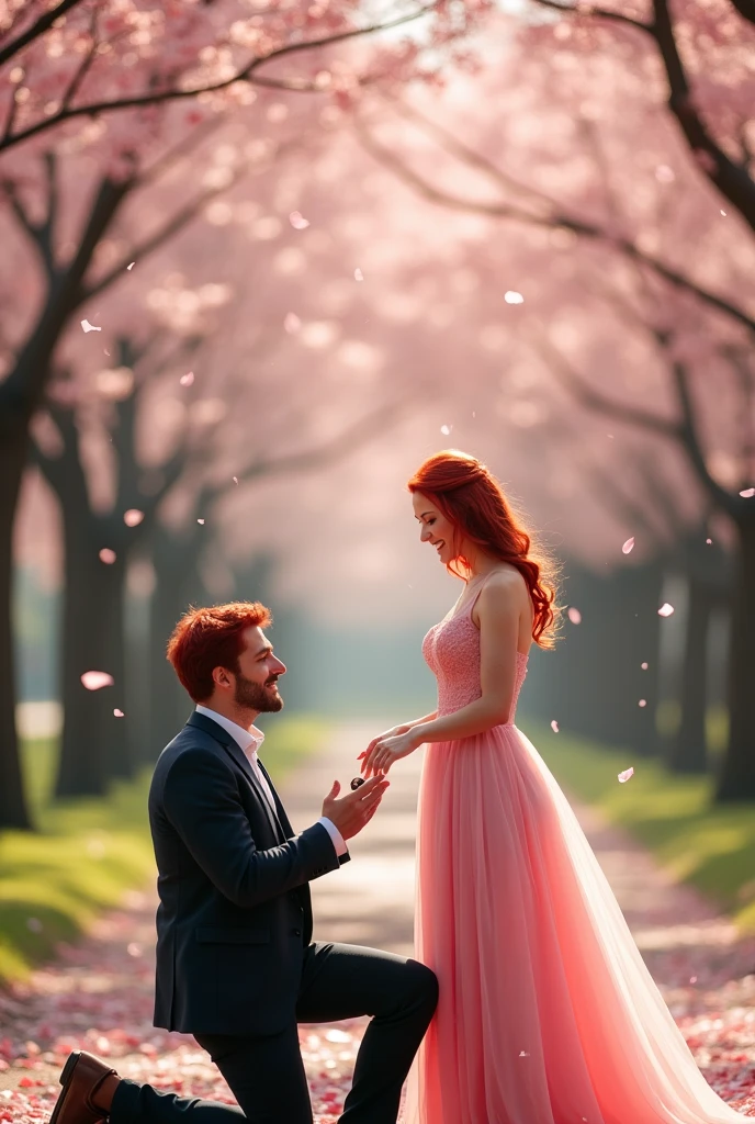 red haired woman in a pink dress,with a man with red hair,proposing on one knee with a ring box in his hand 