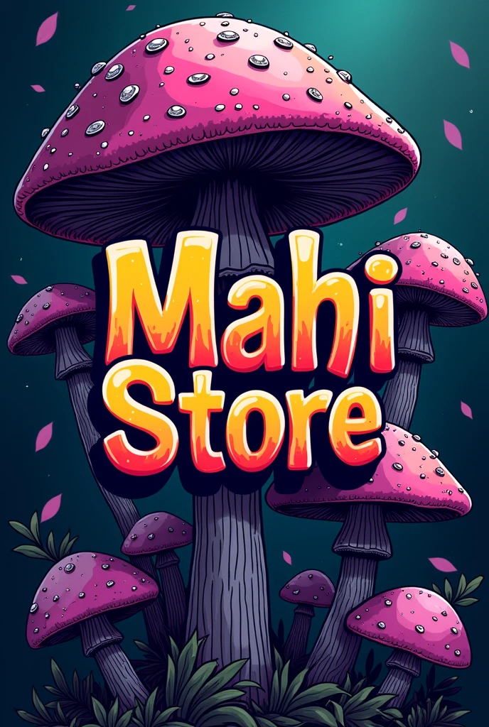 a logo for a streetwear brand
called mahi store that has graffiti
with more opaque tones more graffiti a lot without the city in the background, with mushroom background plus graffiti in dark tones