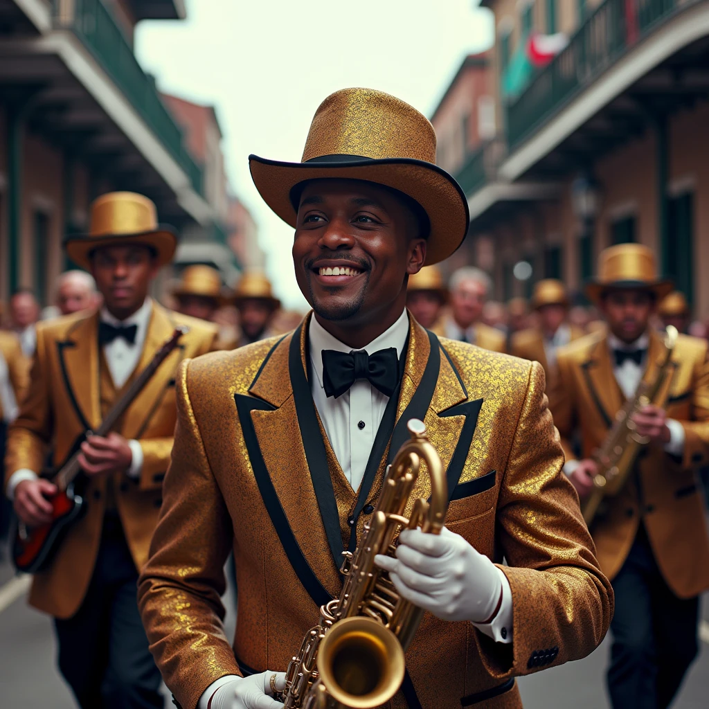 Second line band in the streets of New Orleans celebrating Mardi Gras. High resolution., anatomically correct, The best quality, detail, HD Model, UHD, textured skin, plano general, Canon, movie, cinematography, Fuji Color, 