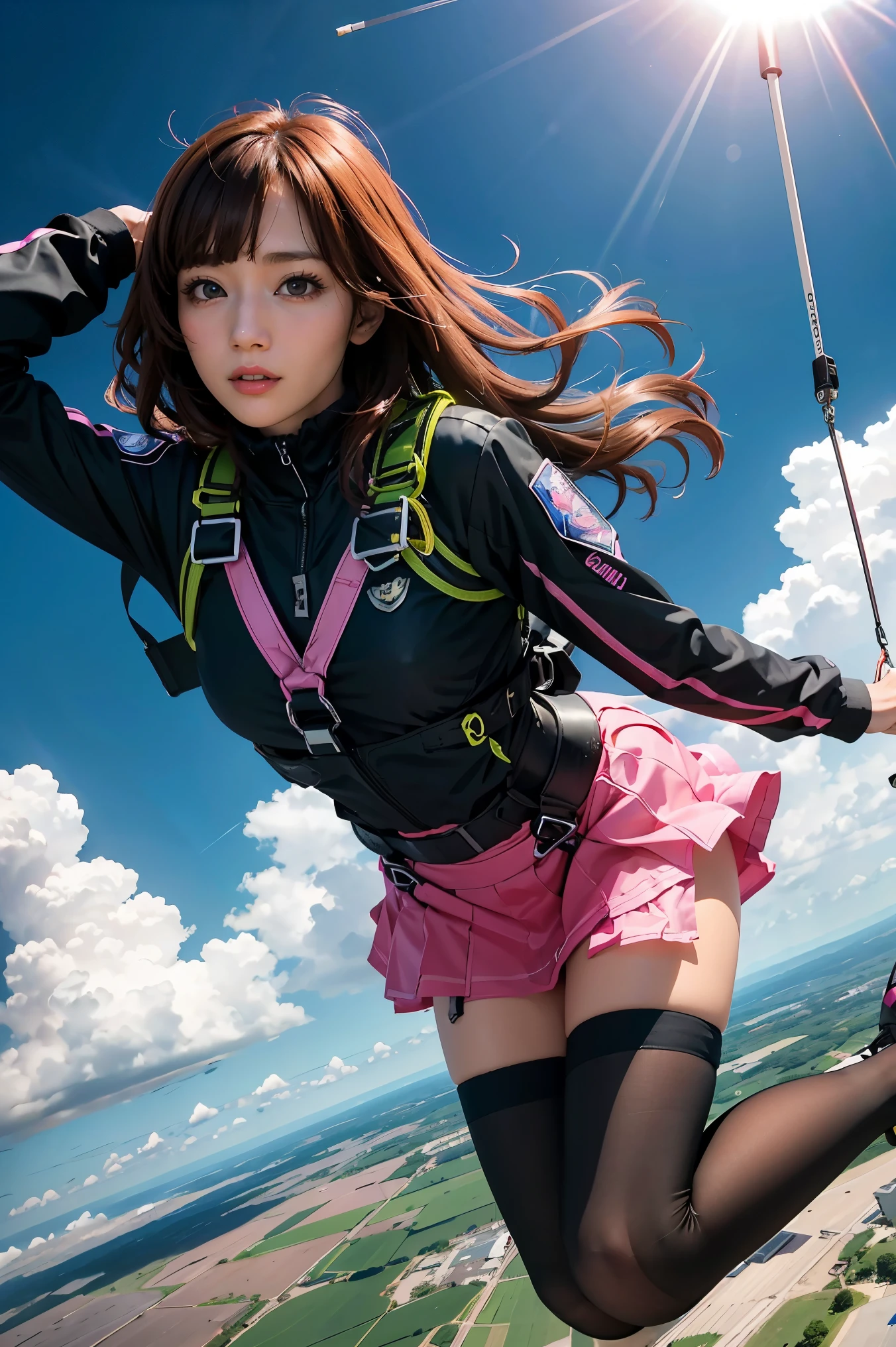 Jump skydiving scene, black pink Lisa parachuting with long hair flying in a mess, black police uniform, harness, flowing pink miniskirt, in a panoramic view, anatomically correct, above knee portrait photo, very realistic, material reflective and dispersive. Dispersion of light and sunlight, and clouds high detail, high quality