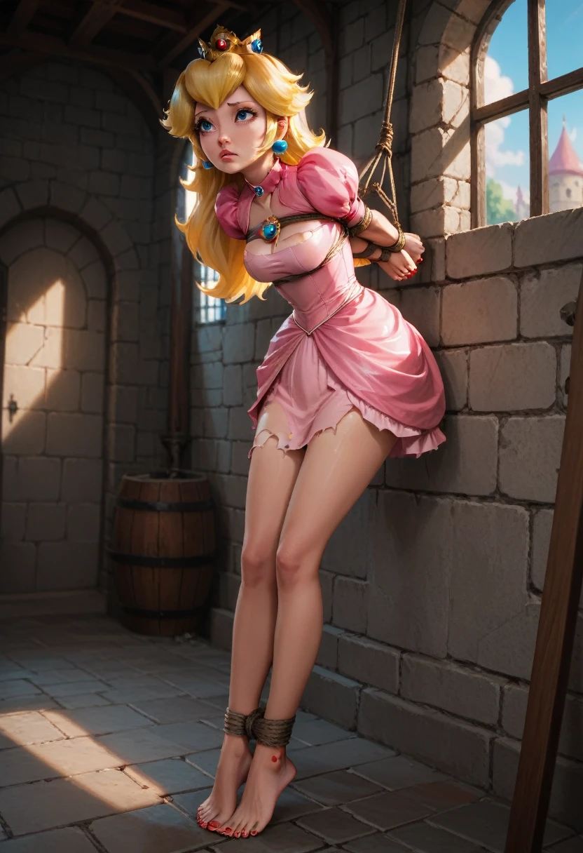 princess peach, yellow hair, corona, sad, pink dress, torn dress, in a dungeon,sexy white panty, (((5 toes, red toe nails, tied ankles together, tied arms, Focus full body, with no shoes,)))