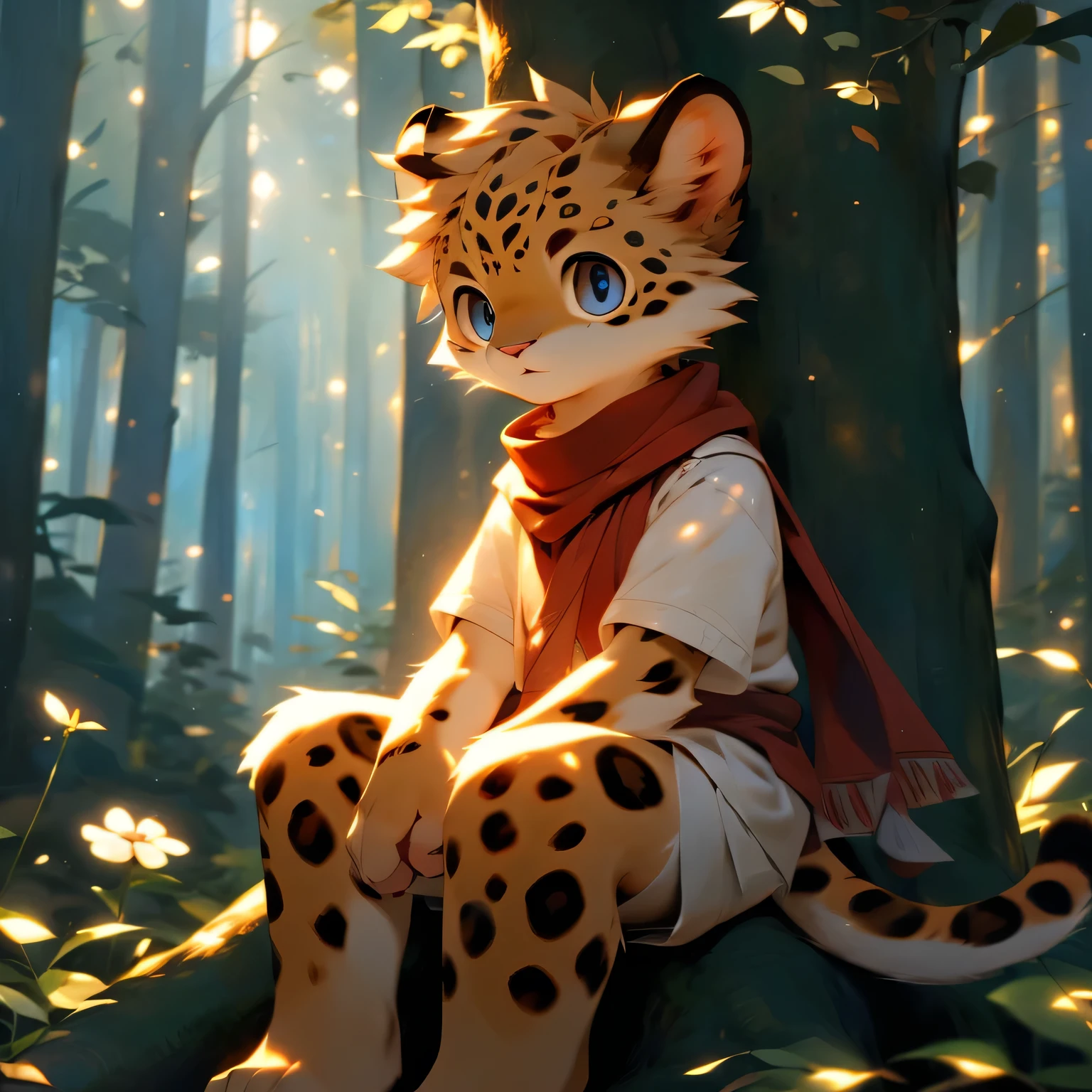 1 furry anthropomorphic leopard boy, detailed facial features, beautiful eyes, long eyelashes, delicate lips, intricate leopard print fur, sitting in a tree hollow, forest background, red scarf, holding a long spear, warm color palette, soft lighting, Studio Ghibli inspired, digital painting, high detail, 8K, best quality, masterpiece