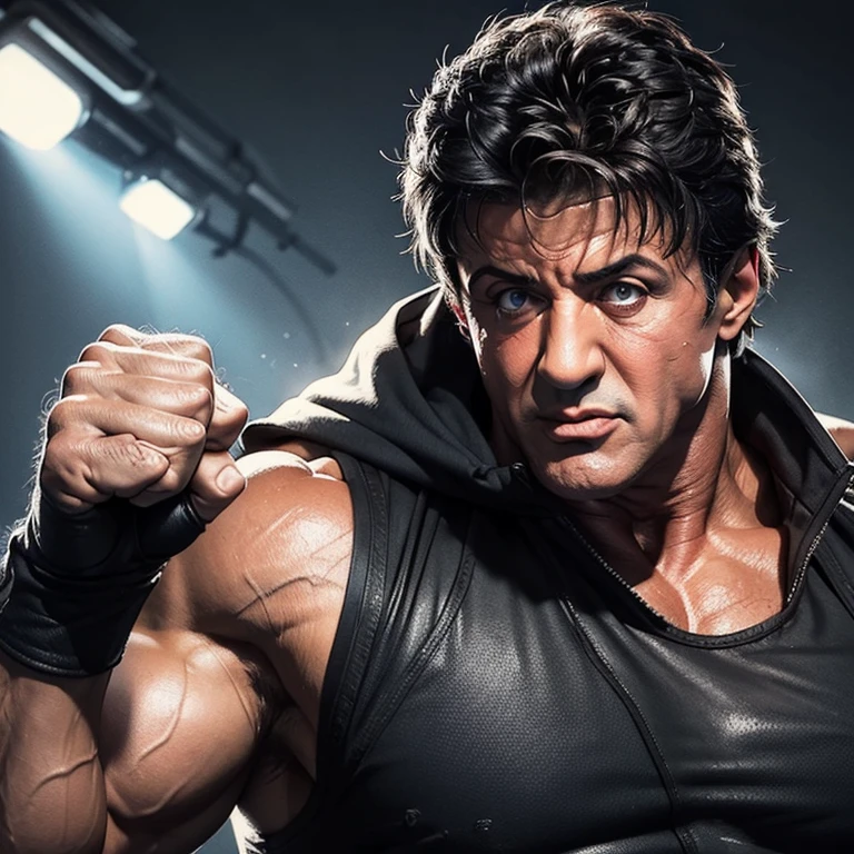 "Draw Sylvester Stallone in an iconic pose, like raising the fists after a fight. Capture a determined and confident expression on his face. Use a drawing style [ cartoon] with a touch of humor."