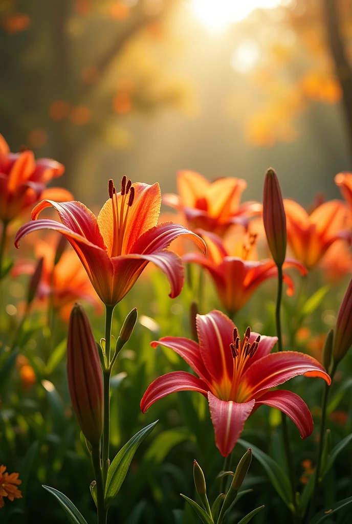 Lily field, Beautiful detailed lilies, Floating in a dreamlike atmosphere, Warm sunshine, vivid colors, movie lights, Serene and peaceful, nice scenery, Mystical and mysterious, The Enchanted Garden, Lush and green, Detailed autumn leaves, shallow depth of field, realistic, 8k, best quality, masterpiece, digital art