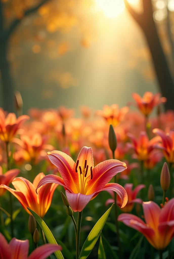Lily field, Beautiful detailed lilies, Floating in a dreamlike atmosphere, Warm sunshine, vivid colors, movie lights, Serene and peaceful, nice scenery, Mystical and mysterious, The Enchanted Garden, Lush and green, Detailed autumn leaves, shallow depth of field, realistic, 8k, best quality, masterpiece, digital art