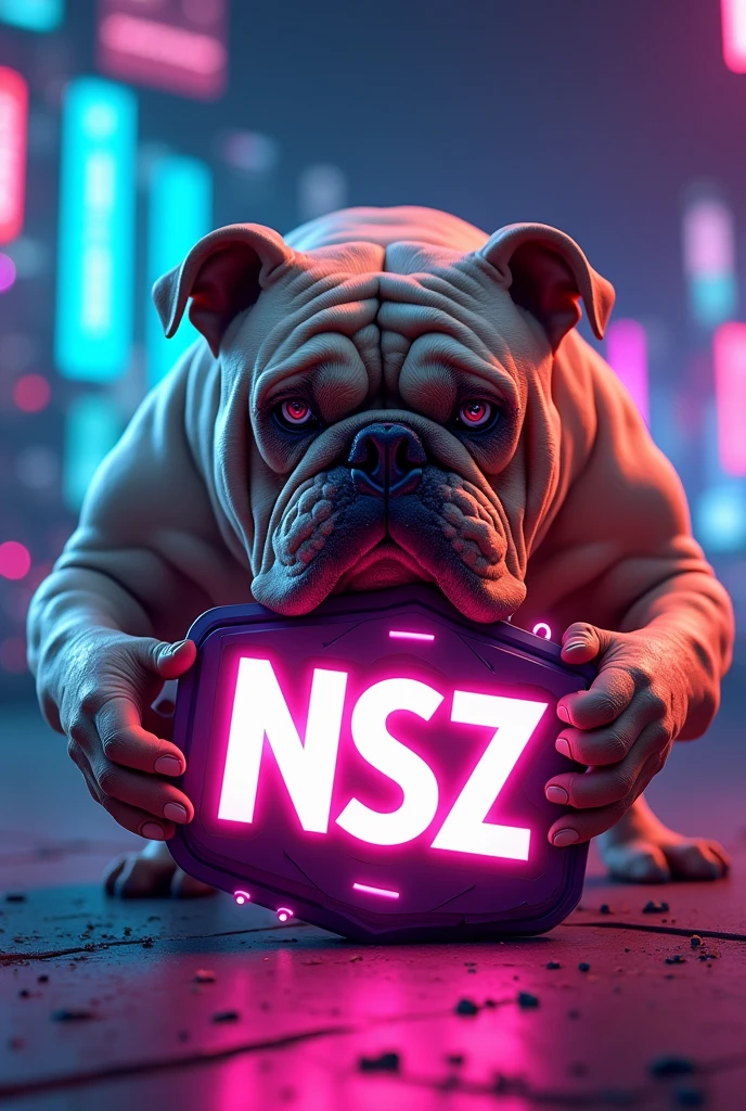 A angry looking bull Dog bitting a 3d gaming logo that says NSZ 