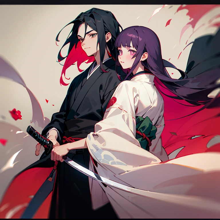 He was fourteen years old, with crimson eyes, reddish-purple hair, a black sword, and a hachima cloak embroidered with black and green squares. He was with his sister, who had rose-colored eyes and wore traditional Japanese clothing, pink in color, with black hair that ended in a rose-colored hue.

