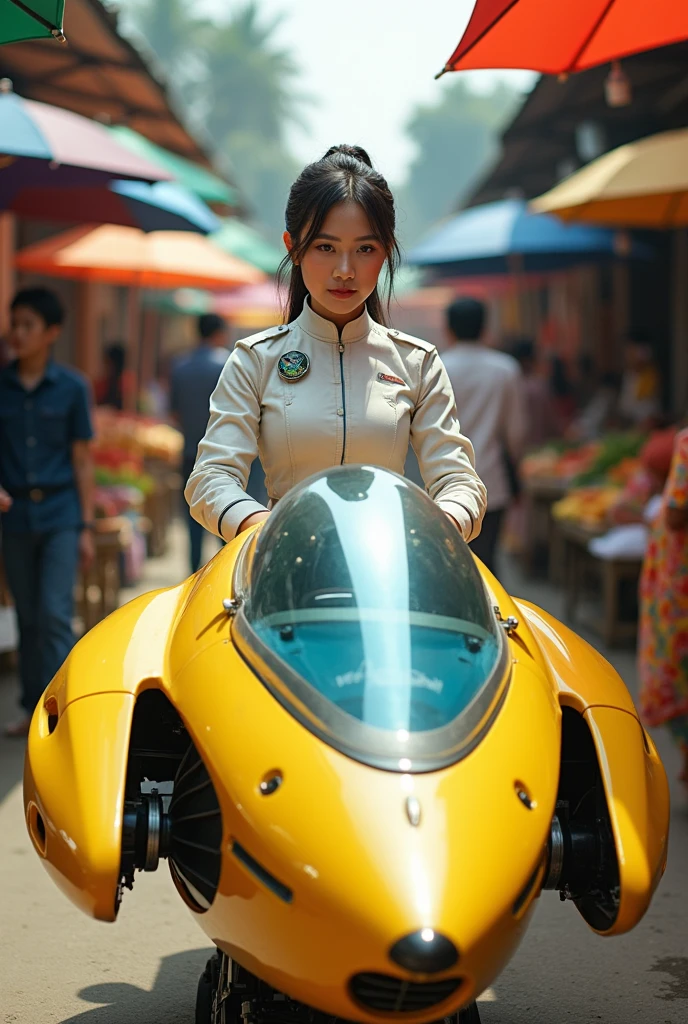 Yellow spaceship robot in the shape of a blue mackerel machine with a glass cockpit. Thai female soldier wearing a Thai dress, white as a pilot. Background in the meaklong railway market, umbrellas, dynamic perspective, creative angle.