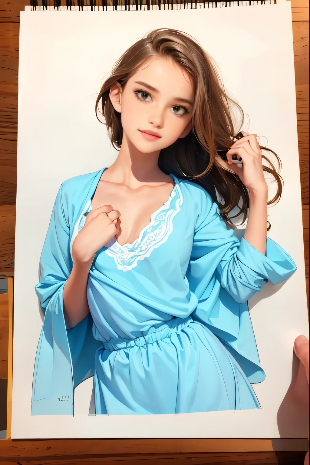 Bright colors, beautiful style, high-quality illustrations, female chin holding hand position, elegant drawing, detailed illustration of clothing and facial features.