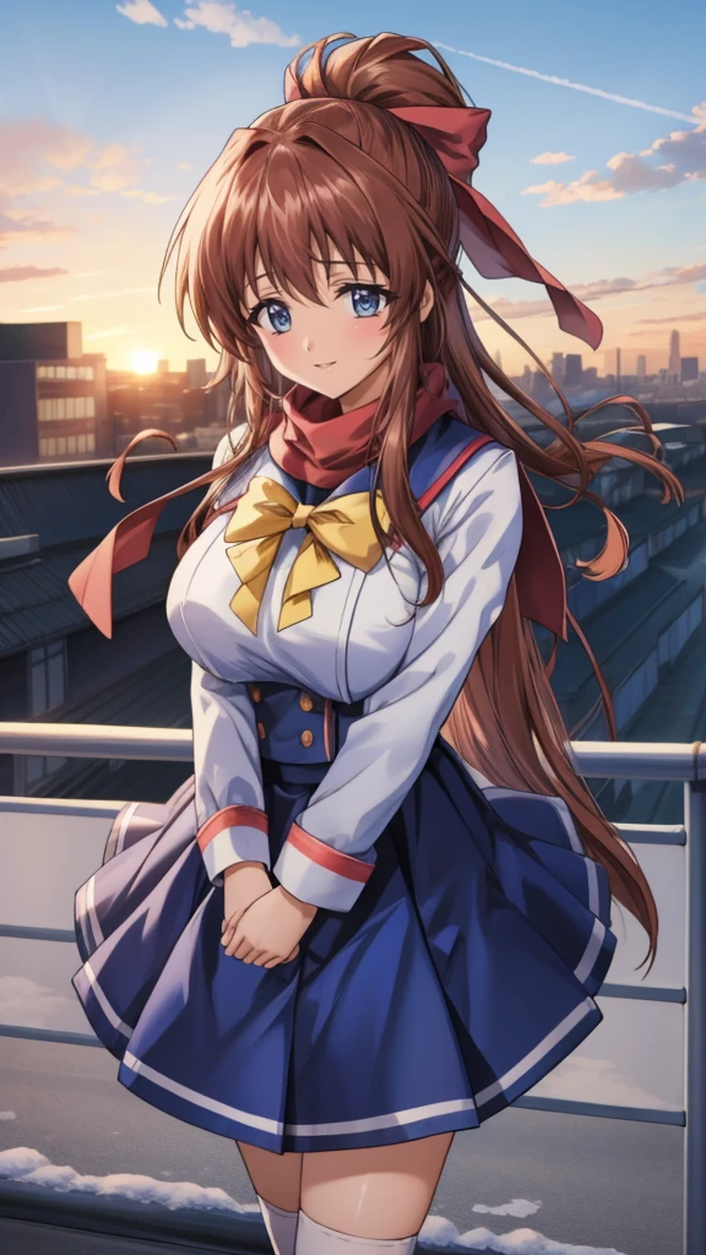 Anime illustration Aoikan, 1 person, Hair Ribbon, school uniform, Long sleeve, bow tie, Blue Skirt,Big Breasts、 blush, Cute Smile Open your mouth, Are standing, scarf on her neck standing in front of a fence, Winter evening、Receiving a confession on the school rooftop with the sunset and fence behind me。I got closest to that smile, Skirt Lift, High Knee Socks Two Arms