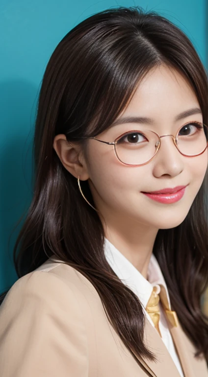 A close-up of a smiling woman wearing a brown formal suit., Upper Body、Japanese actress,Delicate round glasses、Golden glasses、Gold glasses、A simple blue background、Blue Background、Light light brown hair、Long Hair、Intricate details, Sharp focus