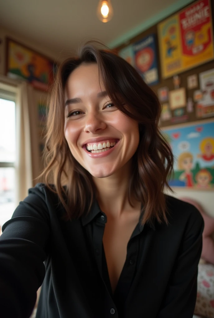 Fair-skinned Linda taking a selfie wearing a black shirt inside her room.