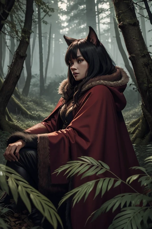 Werewolf girl, in a red cloak, hides under a large tree in the forest, escaping from hunters, who wander in the background