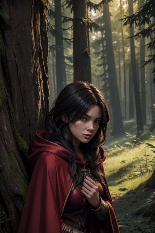 Werewolf girl, in a red cloak, hides under a large tree in the forest, escaping from hunters, who wander in the background