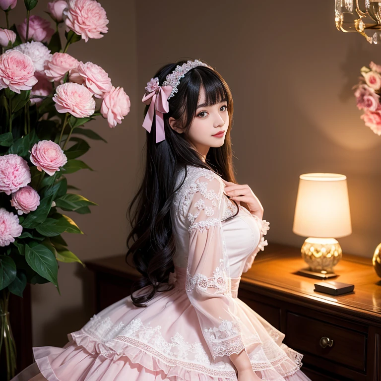 Side view,side angle, Bow tie at the back of the waist, There is a bow on the back，Sideways photo, Skirt length to calf, cupcake dress, Layered skirt with lace on each layer, Put on a lolita dress, layered dress, Pink Lolita dress, lots of lace, Long sleeve, Wide sleeves, Big Skirt, Layered lace skirt, Lace skirt，Puff sleeves, Wide sleeves, Transparent sleeves, intricate details showcase the ruffles and intricate designs of the Lolita dress, Wearing a lolita dress, in a sea of flowers, best quality, Delicate face，beautiful visual work, lifelike, eternity, black hair, Long curly hair, blunt bangs, Smile, Detailed Background, Delicate face，blush，cold，((masterpiece))、(top quality)、8k、high detail、Super detailed，41 years old，woman， masterpiece、born、Scenes resembling fairy tale illustrations、intricate details和複雜的設計、Beautifully、magic、capricious、 Beautifully、Dream aesthetics、「𝓡𝓸𝓶𝓪𝓷𝓽𝓲𝓬、ethereal、charming、fickle、magic」、realism、Visual effects、FXAA、SSAO、Shader、voiceless、ambient lighting、Tone mapping、High resolution、Ultra high quality、Million pixels、(8K resolution:1.10)、8k、8k以下、8K resolution、high detail、intricate details， (high quality:1.2、masterpiece:1.2、:1.21)、(41 years old，woman:1.21)、(興奮地Smile)、(Surrounded by a dreamy atmosphere、Model diagram，full-body shot，Normal 2 feet，Put your hands behind your back，Breast protrusion visible when wearing clothes, , H cup , pink dress, Don't show your fingers, full-body shot， full-body shot，full-body shot，full-body shot，full-body shot，full-body shot，full-body shot，full-body shot，Hands hidden in clothes, Hands hidden in clothes,Hands hidden in clothes,Hands hidden in clothes,Hands hidden in clothes,Hands hidden in clothes,Hands hidden in clothes,Hands hidden in clothes,Hands hidden in clothes, ,Hide your hands in your sleeves ,Hide your hands in your sleeves ,Hide your hands in your sleeves ,Hide your hands in your sleeves ,Hide your hands in your sleeves ,Hide your hands in your sleeves ,Hide your hands in your sleeves ,Hide your hands in your sleeves,skirt length to calf, full body photo,full body view,side view