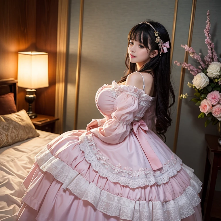 Side view,side angle, Bow tie at the back of the waist, There is a bow on the back,Sideways photo, Skirt length to calf, cupcake dress, Layered skirt with lace on each layer, Put on a lolita dress, layered dress, Pink Lolita dress, lots of lace, Long sleeve, Wide sleeves, Big Skirt, Layered lace skirt, Lace skirt,Puff sleeves, Wide sleeves, Transparent sleeves, intricate details showcase the ruffles and intricate designs of the Lolita dress, Wearing a lolita dress, in a sea of flowers, best quality, Delicate face,beautiful visual work, lifelike, eternity, black hair, Long curly hair, blunt bangs, Smile, Detailed Background, Delicate face,blush,cold,((masterpiece))、(top quality)、8k、high detail、Super detailed,41 years old,woman, masterpiece、born、Scenes resembling fairy tale illustrations、intricate details和複雜的設計、Beautifully、magic、capricious、 Beautifully、Dream aesthetics、「𝓡𝓸𝓶𝓪𝓷𝓽𝓲𝓬、ethereal、charming、fickle、magic」、realism、Visual effects、FXAA、SSAO、Shader、voiceless、ambient lighting、Tone mapping、High resolution、Ultra high quality、Million pixels、(8K resolution:1.10)、8k、8k以下、8K resolution、high detail、intricate details, (high quality:1.2、masterpiece:1.2、:1.21)、(41 years old,woman:1.21)、(興奮地Smile)、(Surrounded by a dreamy atmosphere、Model diagram,full-body shot,Normal 2 feet,Put your hands behind your back,Breast protrusion visible when wearing clothes, Large Breasts, H cup chest, pink dress, Don't show your fingers, full-body shot, full-body shot,full-body shot,full-body shot,full-body shot,full-body shot,full-body shot,full-body shot,Hands hidden in clothes, Hands hidden in clothes,Hands hidden in clothes,Hands hidden in clothes,Hands hidden in clothes,Hands hidden in clothes,Hands hidden in clothes,Hands hidden in clothes,Hands hidden in clothes, ,Hide your hands in your sleeves ,Hide your hands in your sleeves ,Hide your hands in your sleeves ,Hide your hands in your sleeves ,Hide your hands in your sleeves ,Hide your hands in your sleeves ,Hide your hands in your sleeves ,Hide your hands in your sleeves,skirt length to calf, full body photo,full body view,side view