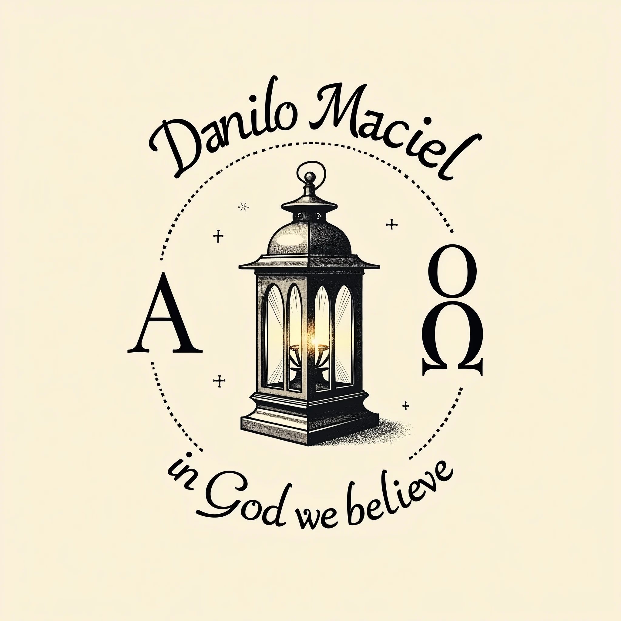 create a stamp with an old lantern in the center, above the word ex-libris and below the name Danilo Maciel, on the left the Greek letter Alpha and on the right the Greek letter Omega, and with the phrase "in God we believe" in small letters; em estilo minimalista.