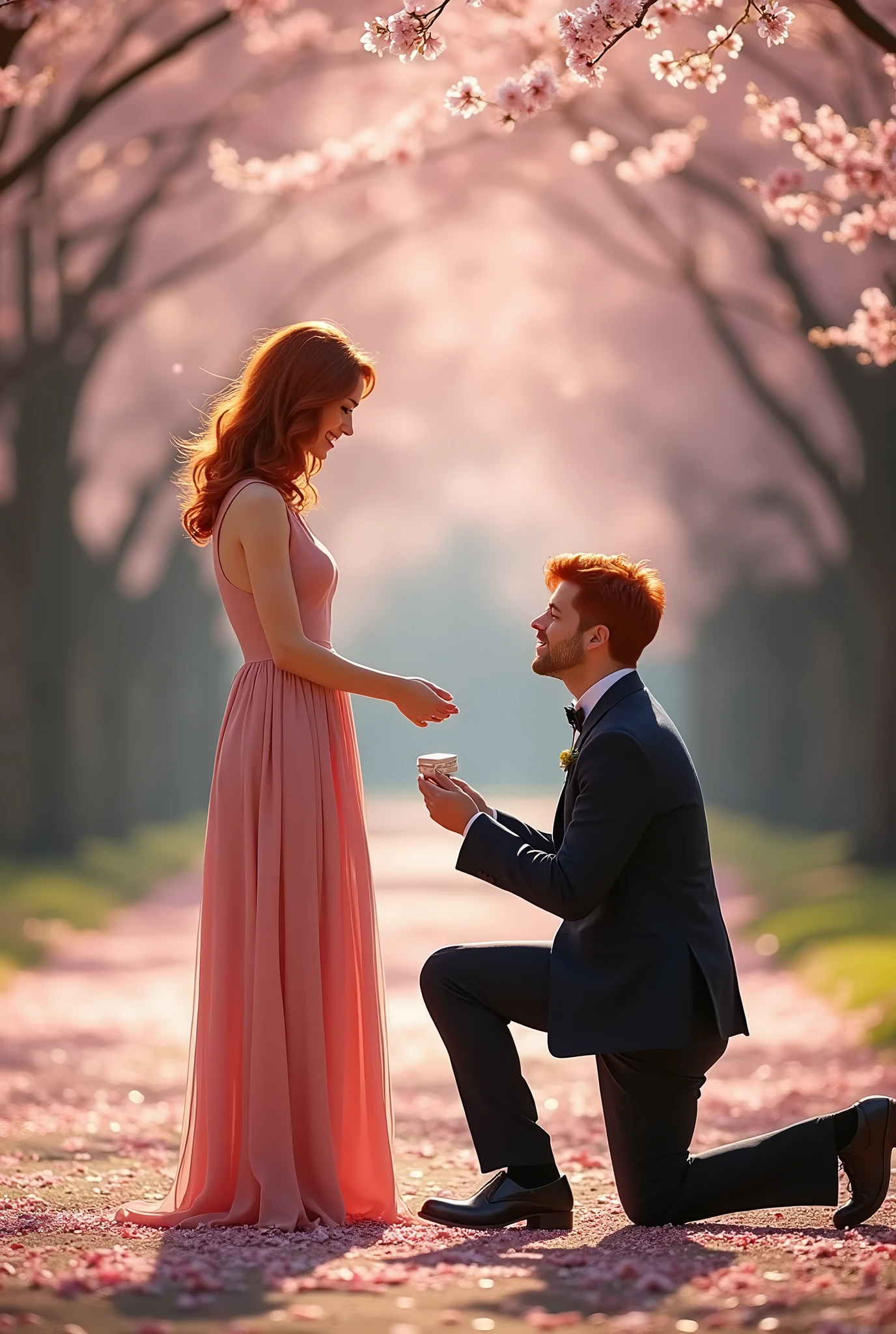 red haired woman in a pink dress,with a man with red hair,proposing on one knee with a ring box in his hand 