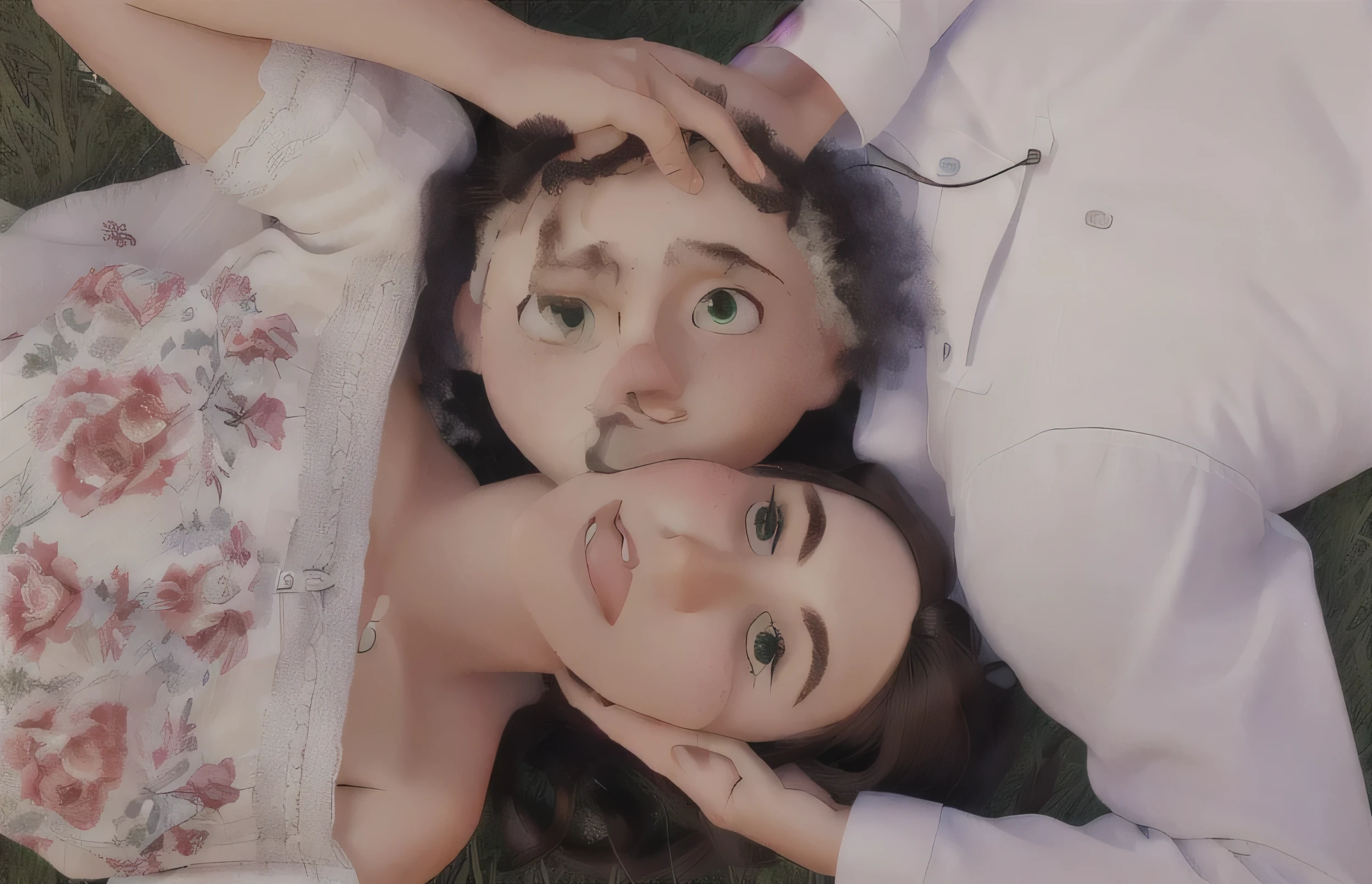 there are two people laying on the ground together in the grass, couples portrait, couple portrait, edited, portrait shot 8 k, top down photo, soft portrait shot 8 k, film promotional still, portrait of two people, shot on canon eos r5, shot on canon eos r 5, movie stills photography, portrait shot, detailed portrait shot, couple pose