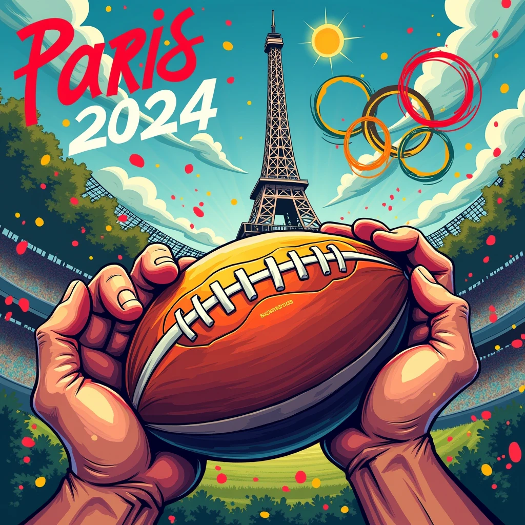 Close-up of Hands, exaggerate caricature poster, (rugby) in the olympics, Eiffel tower in the background, the words"Paris 2024", joyful chaos, a modern take on classic mythology, vibrant illustration, (best quality, masterpiece, photorealistic), very aesthetic, perfect composition, intricate details, ultra-detailed, vivid colors