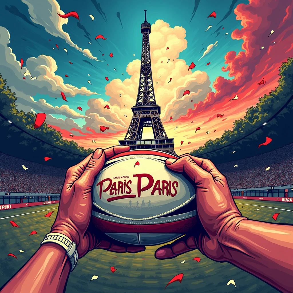 Close-up of Hands, exaggerate caricature poster, (rugby) in the olympics, Eiffel tower in the background, the words"Paris 2024", joyful chaos, a modern take on classic mythology, vibrant illustration, (best quality, masterpiece, photorealistic), very aesthetic, perfect composition, intricate details, ultra-detailed, vivid colors