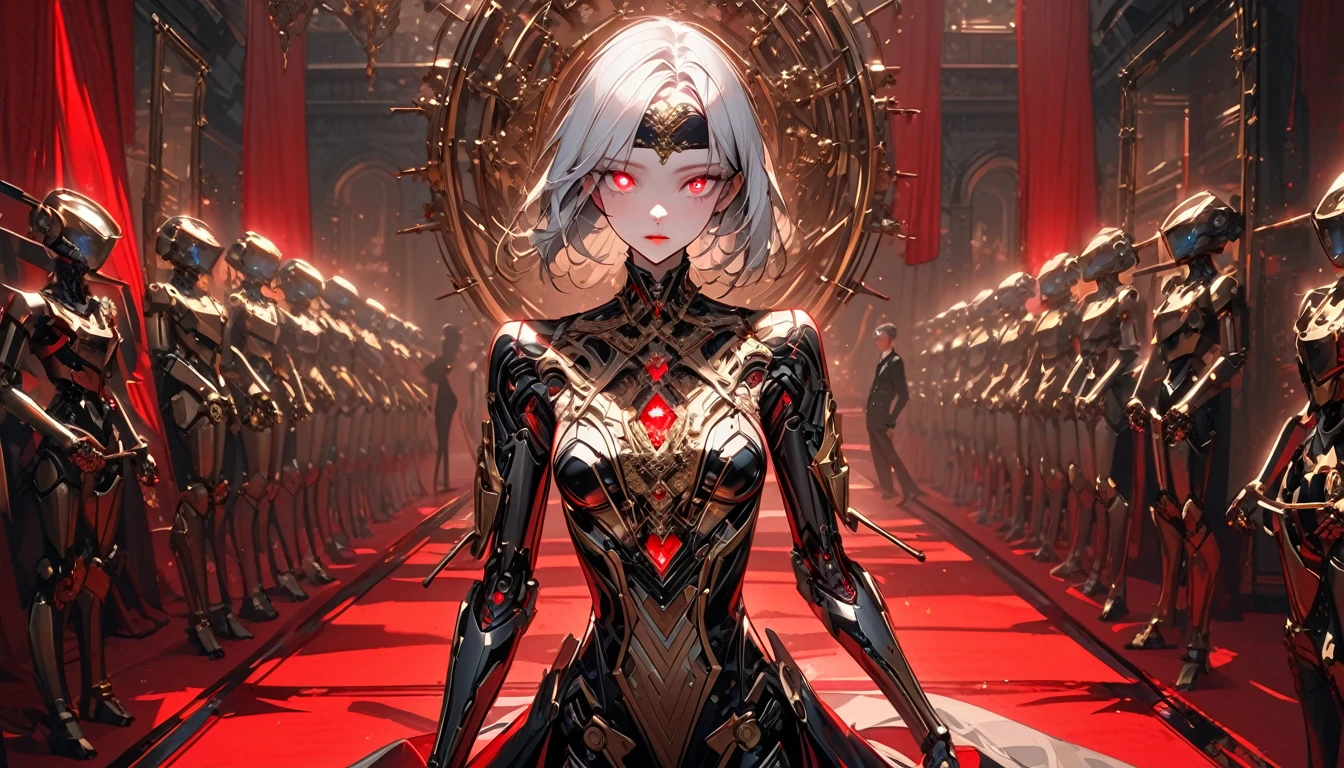 solo female clockwork automaton of exceptional quality, made of steel and copper, the centerpiece of an exhibit, surrounded by an admiring crowd, elegant and slender, beautiful and delicate construction, mansion indoors, red velvet rugs and curtains, high society, mechanical body, built of polished steel and brass, intricate refined gold accents, slender, agile, mechanical human-like face, expressive, deep-set glowing gemstone eyes, thin delicate lips, silver hair held in place by a simple and elegant headband, female robot, steel and brass arms, steel and brass body, humble, close up