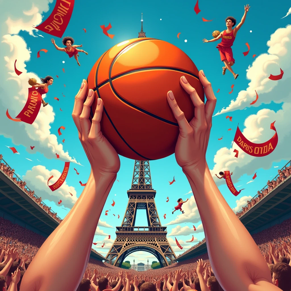 Close-up of Hands, exaggerate caricature poster, (basketball) in the olympics, Eiffel tower in the background, the words"Paris 2024", joyful chaos, a modern take on classic mythology, vibrant illustration, (best quality, masterpiece, photorealistic), very aesthetic, perfect composition, intricate details, ultra-detailed, vivid colors