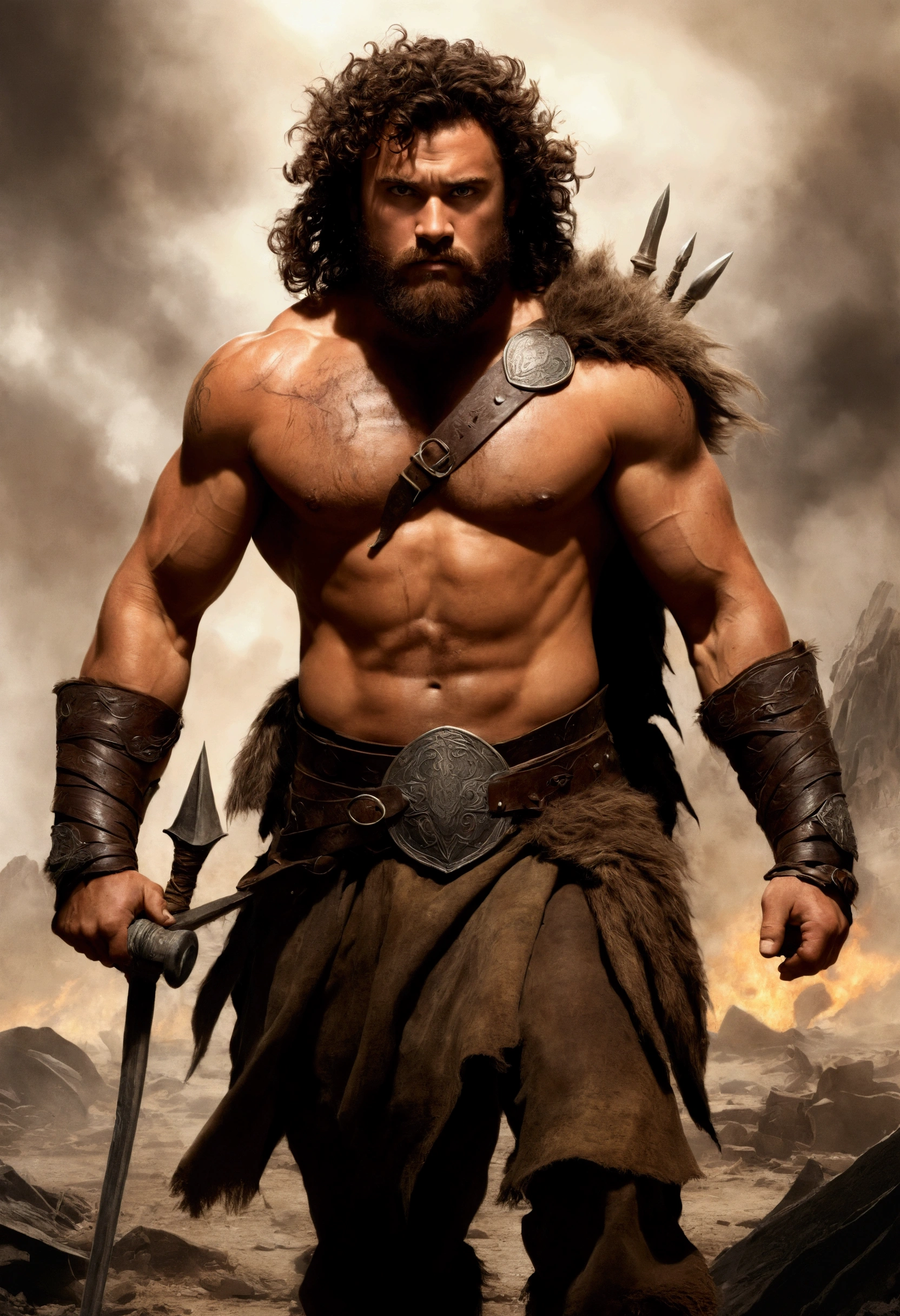 An illustrated movie poster, hand-drawn, full color, a fantasy barbarian, 21 years old, male, brown eyes, brown-black hair, voluminous curly mane, scruffy beard, suntan complexion, herculean physique, broad shoulders, stocky frame, muscular, rugged, lots of body hair, hairy torso and hairy limbs, resembles John C. Reilly, wearing a leather pteruges, walking through a scorched battlefield, hard shadows, graphite shading, stencil marks, airbrushed acrylic paint, masterpiece, in the style of the Lord of the Rings