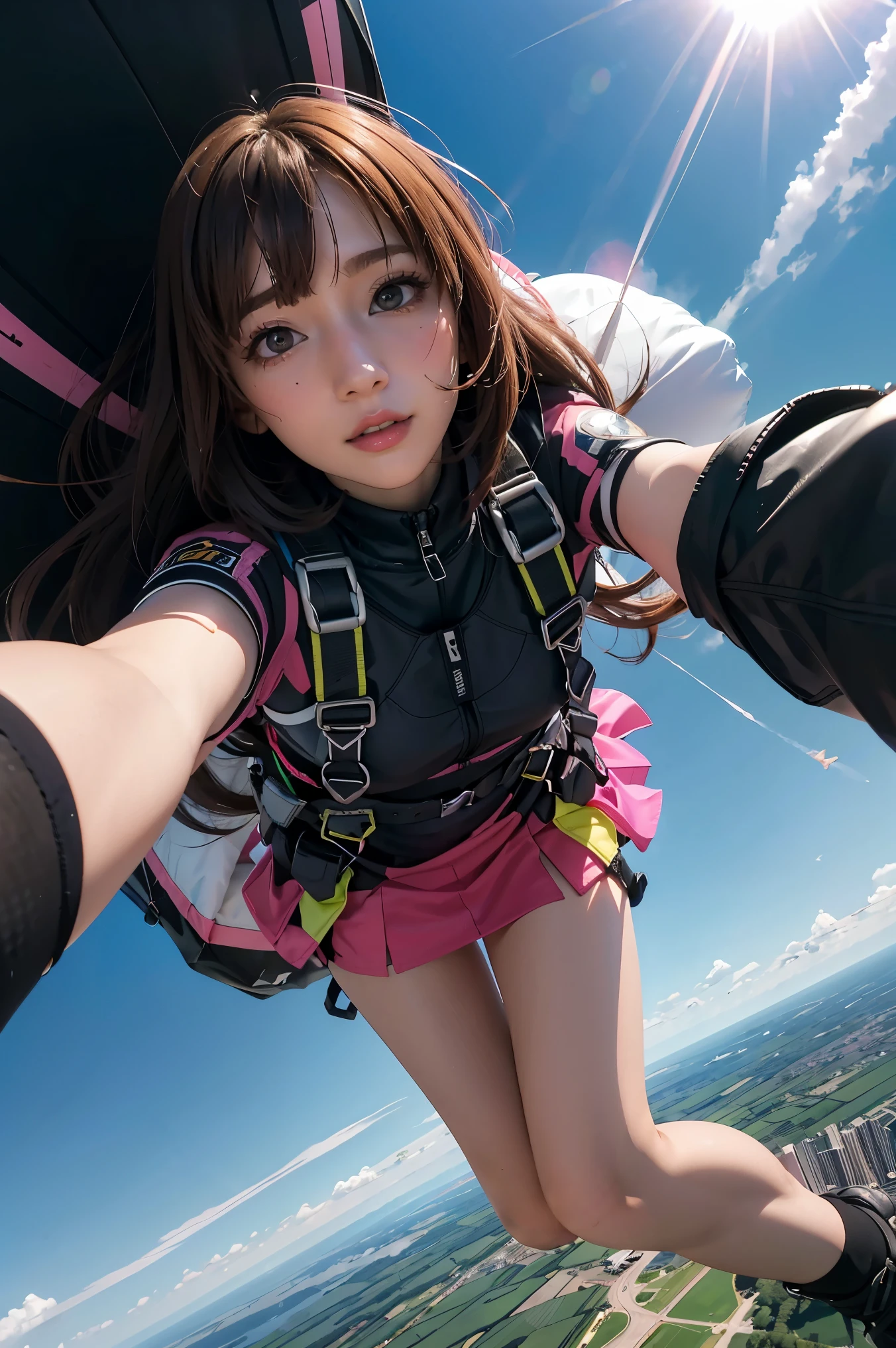 Jump skydiving scene, black pink Lisa parachuting with long hair flying in a mess, black police uniform, harness, flowing pink miniskirt, in a panoramic view, anatomically correct, above knee portrait photo, very realistic, material reflective and dispersive. Dispersion of light and sunlight, and clouds high detail, high quality