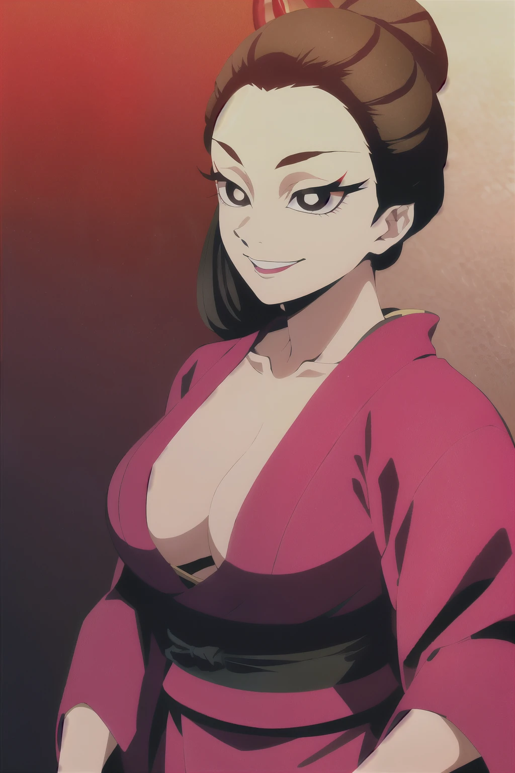 Estilo Kimetsu no Yaiba, Personagem original,long and sharp fingernails, black hair tied in a classic Japanese hairstyle, black eyes, villainous smile, wearing a red kimono with a large slit,great neckline, extremely special dress,make red,breasts showing, Coloriage anime,((obra de arte))