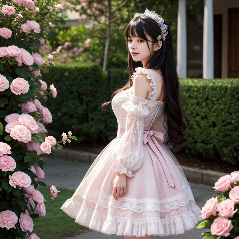 Side view,side angle, Bow tie at the back of the waist, There is a bow on the back，Sideways photo, Skirt length to calf, cupcake dress, Layered skirt with lace on each layer, Put on a lolita dress, layered dress, Pink Lolita dress, lots of lace, Long sleeve, Wide sleeves, Big Skirt, Layered lace skirt, Lace skirt，Puff sleeves, Wide sleeves, Transparent sleeves, intricate details showcase the ruffles and intricate designs of the Lolita dress, Wearing a lolita dress, in a sea of flowers, best quality, Delicate face，beautiful visual work, lifelike, eternity, black hair, Long curly hair, blunt bangs, Smile, Detailed Background, Delicate face，blush，cold，((masterpiece))、(top quality)、8k、high detail、Super detailed，41 years old，woman， masterpiece、born、Scenes resembling fairy tale illustrations、intricate details和複雜的設計、Beautifully、magic、capricious、 Beautifully、Dream aesthetics、「𝓡𝓸𝓶𝓪𝓷𝓽𝓲𝓬、ethereal、charming、fickle、magic」、realism、Visual effects、FXAA、SSAO、Shader、voiceless、ambient lighting、Tone mapping、High resolution、Ultra high quality、Million pixels、(8K resolution:1.10)、8k、8k以下、8K resolution、high detail、intricate details， (high quality:1.2、masterpiece:1.2、:1.21)、(41 years old，woman:1.21)、(興奮地Smile)、(Surrounded by a dreamy atmosphere、Model diagram，full-body shot，Normal 2 feet，Put your hands behind your back，Breast protrusion visible when wearing clothes, Large Breasts, H cup chest, pink dress, Don't show your fingers, full-body shot， full-body shot，full-body shot，full-body shot，full-body shot，full-body shot，full-body shot，full-body shot，Hands hidden in clothes, Hands hidden in clothes,Hands hidden in clothes,Hands hidden in clothes,Hands hidden in clothes,Hands hidden in clothes,Hands hidden in clothes,Hands hidden in clothes,Hands hidden in clothes, ,Hide your hands in your sleeves ,Hide your hands in your sleeves ,Hide your hands in your sleeves ,Hide your hands in your sleeves ,Hide your hands in your sleeves ,Hide your hands in your sleeves ,Hide your hands in your sleeves ,Hide your hands in your sleeves,skirt length to calf, full body photo,full body view,side view