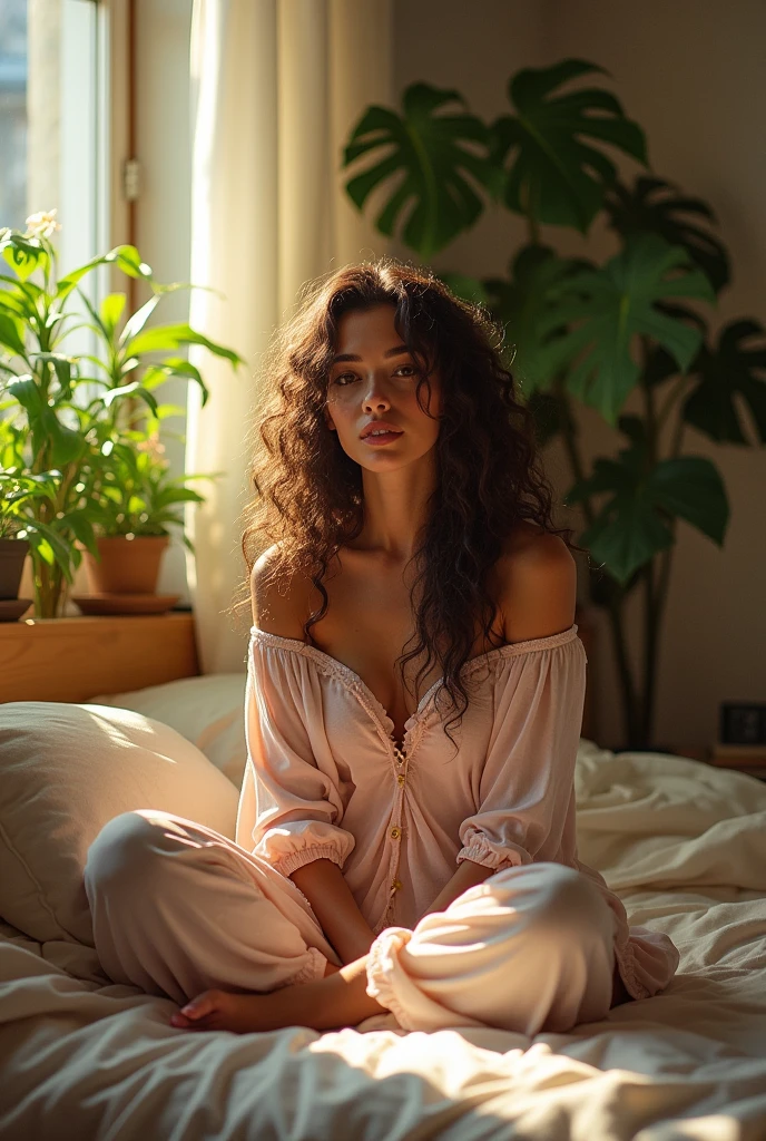 (photorealism:1.2), beautiful woman, sitting on bed, wearing loose off-shoulder top, pajama pants, long curly hair, indoors, soft lighting, plants in background, window with sunlight, cozy room, relaxed pose, realistic, intricate details, warm colors, by Greg Rutkowski, by Alphonse Mucha