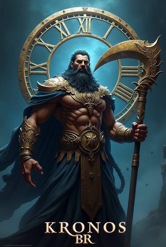 Titan Kronos holding a scythe with a Roman numeral clock behind him. Make it like a logo for a game and put the text "Kronos BR "