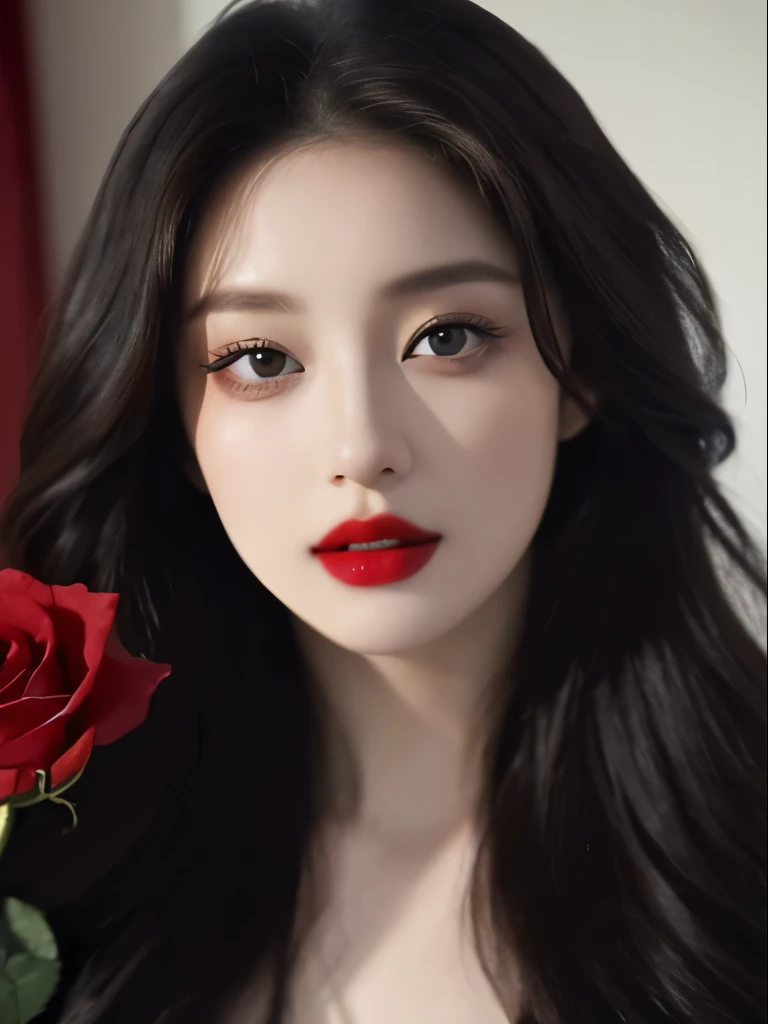 face to the viewer,Best quality at best,A high resolution,girl,solo,wavey hair,Nice face,Redlip,Black JK,high and cold,Inside the room,Rose flower,looking at the camera in,Close-up of people,Bust photo
