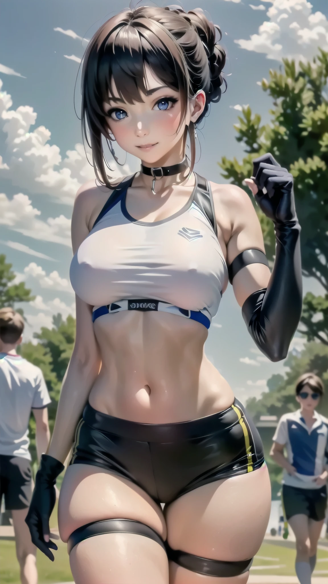((ultra detailed, masterpiece, absurdities)) 1 girl, , purple eyes, in training wear, choker, black choker, sports well, White shirt, black trim, sports shorts, black shorts, Training Gloves, black gloves,