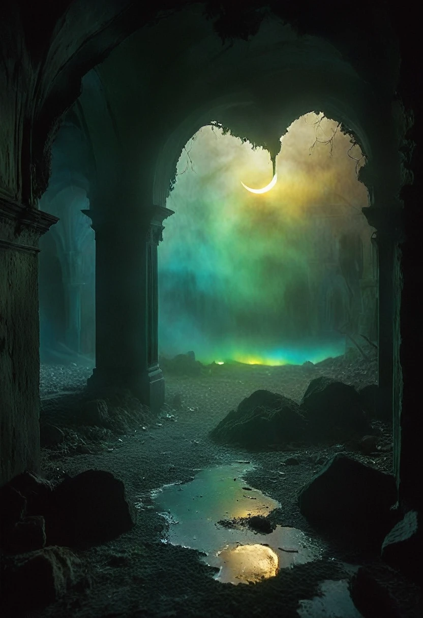 Creepy atmosphere. (1Crescent moon with a bright and colorful sky in the background) done in a dreamy and ethereal style. ominous shadows, darkness, dancing shadows, superstitions, cautionary tales. Ghost Month, 8k uhd, by Alessio Albi, Brandon Wolfel, Joshua Reynolds, John Everett Millais, dust particles, depth of field, close-up,
hyper-detailed Venetian glass, ultra-focus beams of light, occult tones of a grotto shot on anamorphic lenses, eerie atmosphere, ominous shadows, darkness, dancing shadows, superstitions, cautionary tales, haunted, restless spirits, ghostly light, desert landscape, chilling wind, thin veil between alive and dead,
gloomy setting, deserted streets, unnatural shadows, dilapidated houses, horror stories, mystery, premonition, caution, misfortune, vengeful spirits, darkness, superstition, legends, demons, evil creatures, heightened vigilance, danger, distant howls, abnormality, treacherous path, scary consequences, supernatural, awakening wrath,
otherworldly inhabitants haunt the night.  artistic photography.