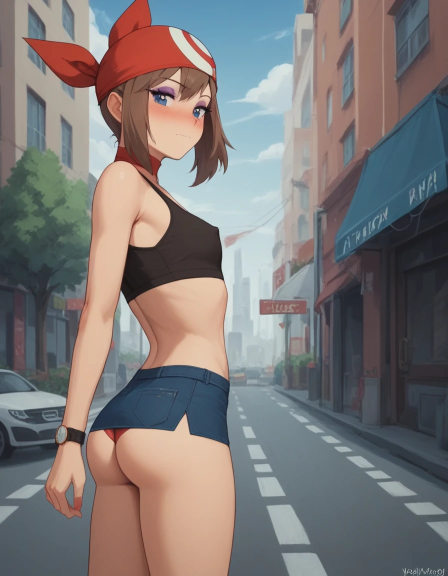 ((sexy girl ,young)) ,nsfw, glamorous, slender, may, midriff, moistened eyes,blush, prostitute, slutty outfit, makeup, eyeshadow, city, nipple bulge in top, micro skirt, ass, bandana, big ass,