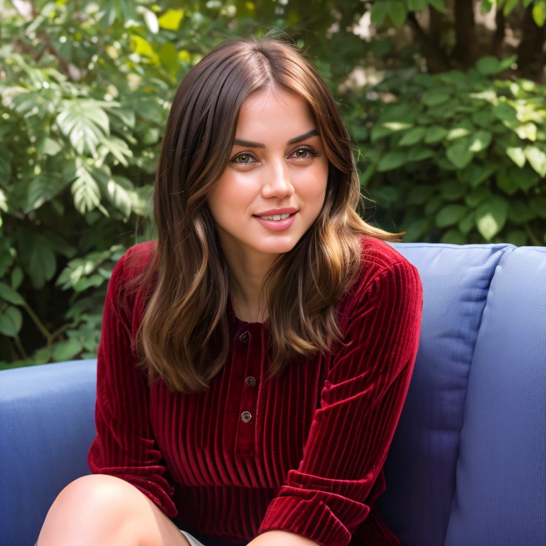 face closeup photo of anamr smiling, sitting in sofa (sofa:1.2), detailed skin, 8k uhd, dslr, soft lighting, high quality, film grain, long hair, 4K, HDR, outdoors, sunny, portrait photo, seductive gaze, seductive position